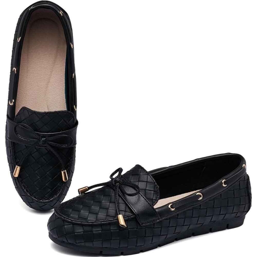 Women’s Black Weaving Polyurethane Comfortable Casual Slip On Loafer Flat Shoes